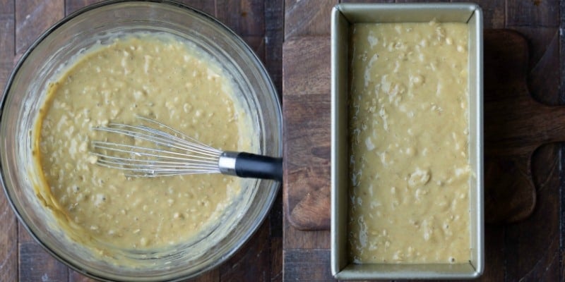 Banana Oatmeal Bread batter in a glass mixing bowl