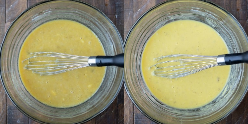 Mashed banana sugar and oil in a glass bowl