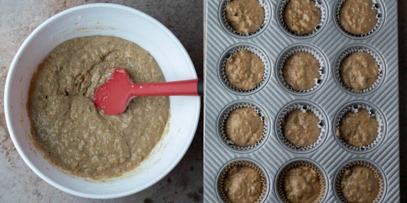 Bran muffin batter in a white mixing bowl.