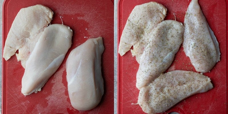 Chicken breast sliced in half and seasoned