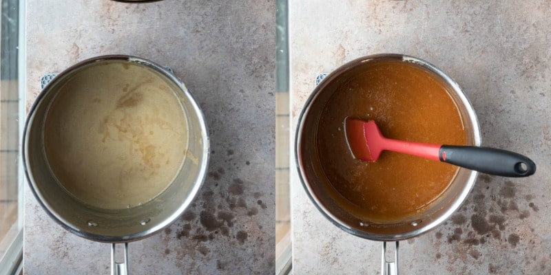 Melted butter corn syrup and butterscotch chips in a saucepan