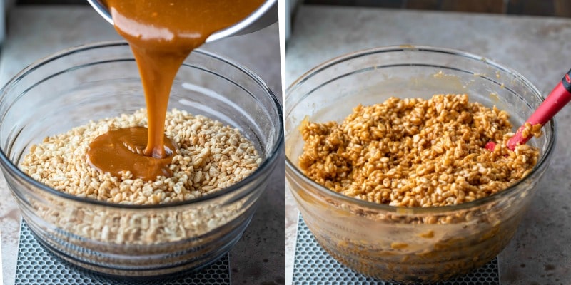 Butterscotch pouring onto rice krispie cereal