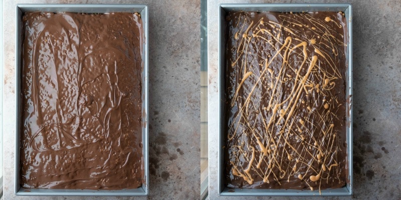 Butterscotch rice krispie treats covered with chocolate