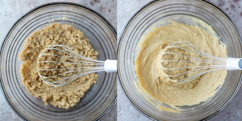 Butter and sugar in a glass mixing bowl
