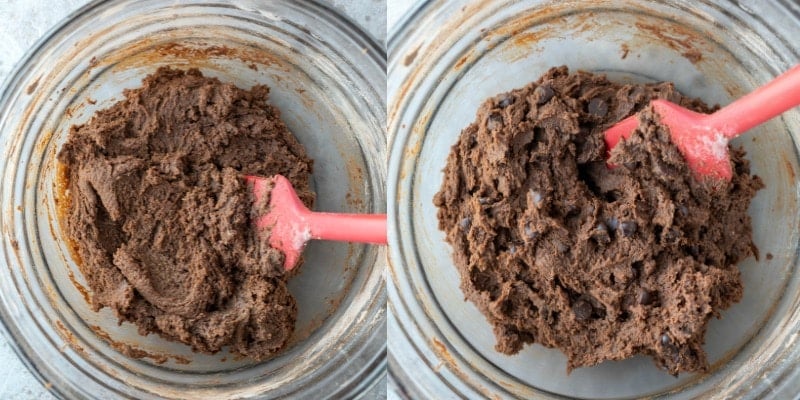 Chocolate chocolate chip cookie cookie dough in a silver mixing bowl