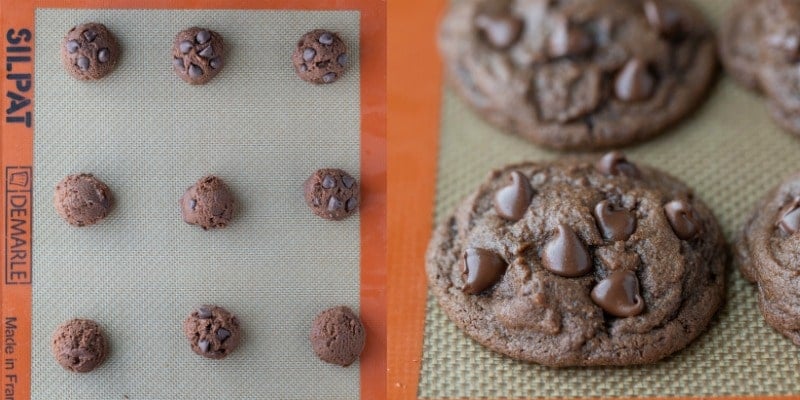 Chocolate chocolate chip cookie dough on a silicone baking mat