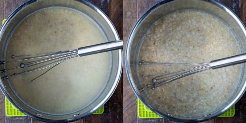 hot cereal and water in a silver saucepan