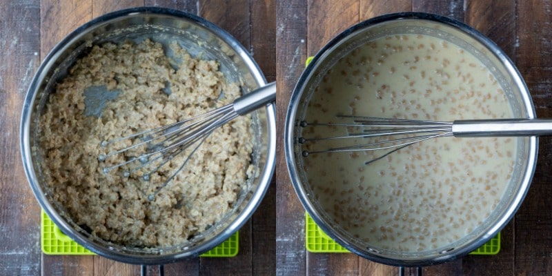 hot cereal and granola in a silver saucepan