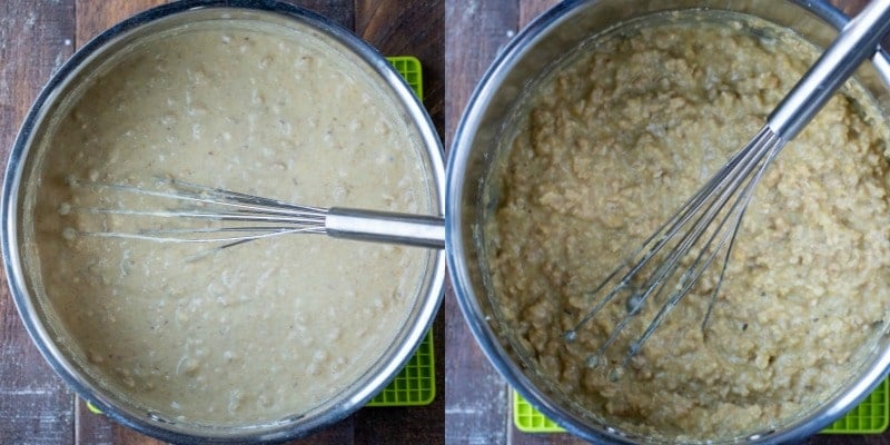 multigrain pancake batter in a silver saucepan