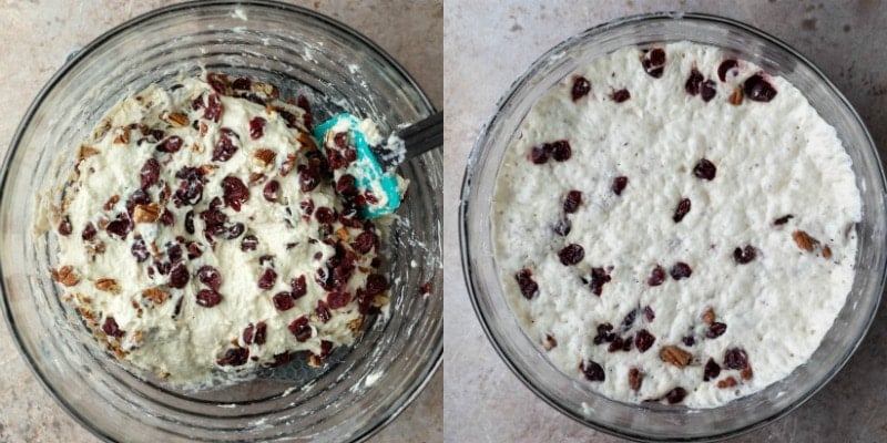 No knead cranberry nut bread batter in a glass mixing bowl