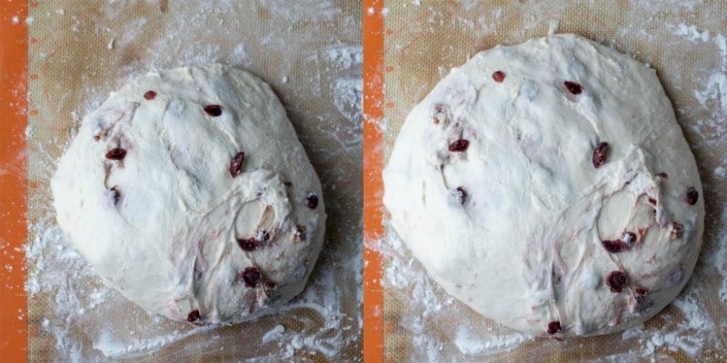 No knead cranberry nut bread dough on a silicone baking mat