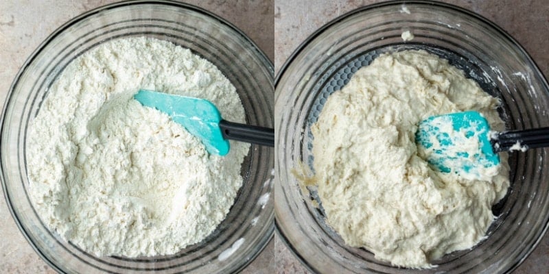 Dry ingredients for no knead cranberry nut bread in a glass mixing bowl