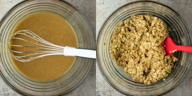 Oatmeal cookie dough in a glass mixing bowl