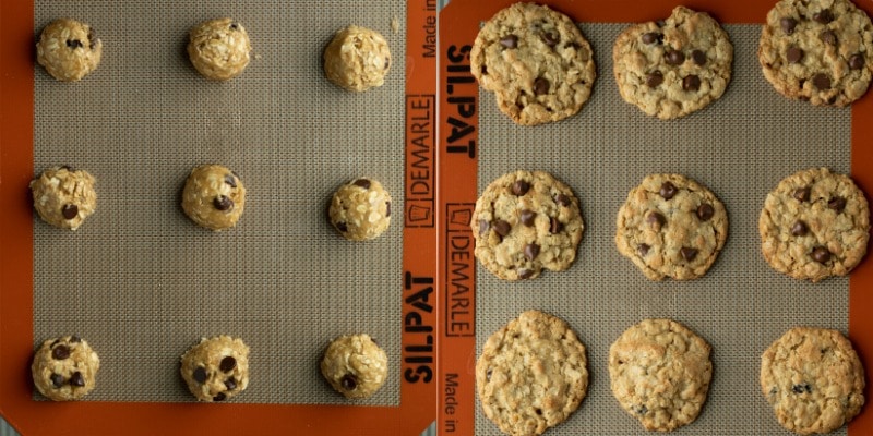 Scoops of oatmeal cookie dough on a silicone baking mat