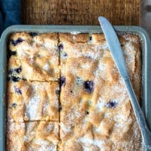 blueberry cake in an 8x8 pan