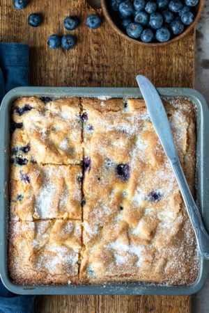 blueberry cake in an 8x8 pan