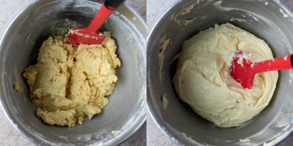 Blueberry cake batter in a silver mixing bowl