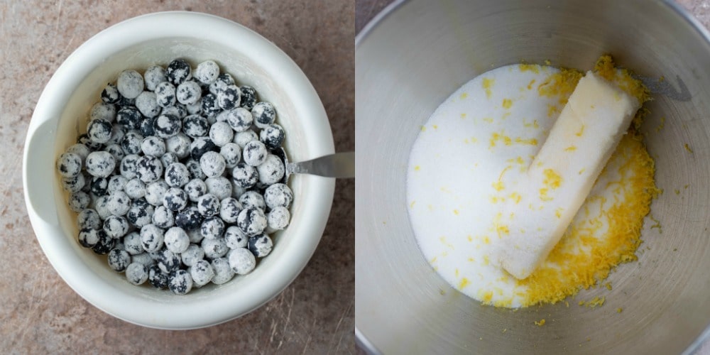 Blueberries coated with flour in a white mixing bowl