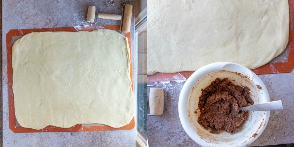 Cinnamon roll dough rolled into a rectangle.