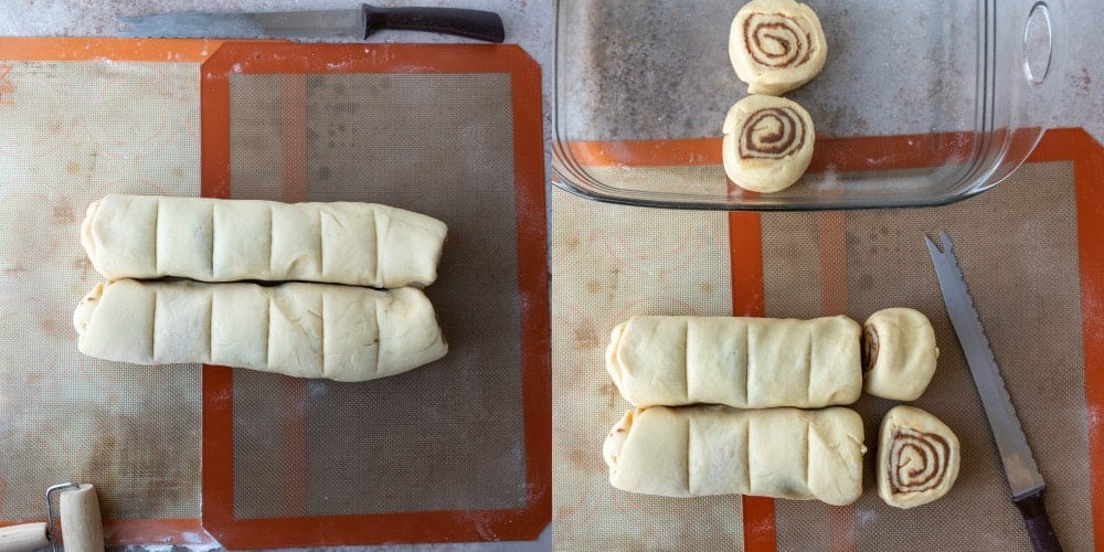 Cinnamon roll dough cut in pieces.