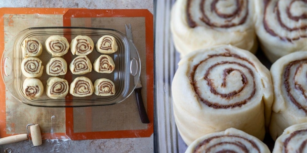 Unrisen cinnamon rolls in glass pan.