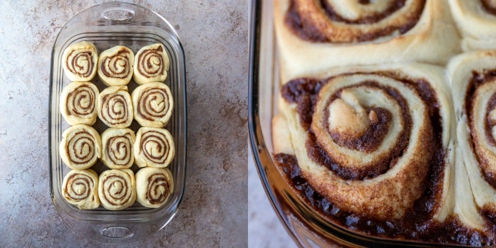 Baked cinnamon roll in a glass pan.