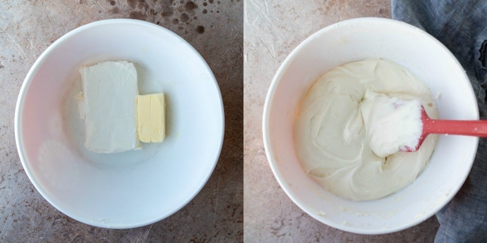 Cream cheese frosting in a white mixing bowl.