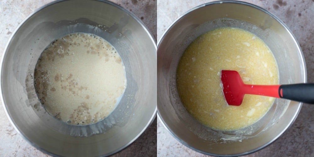 Foamy yeast in a silver mixing bowl