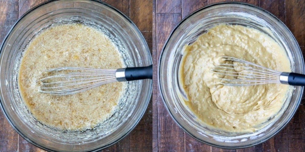 Banana bread batter in a glass mixing bowl