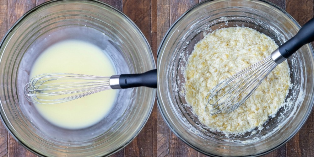 Melted butter and mashed banana in a glass mixing bowl