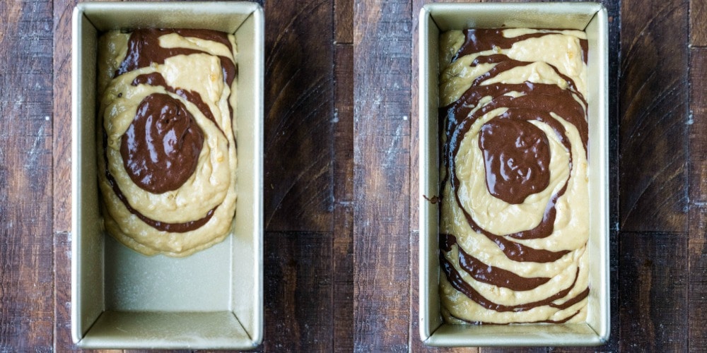 Unbaked marbled banana bread batter in a gold pan