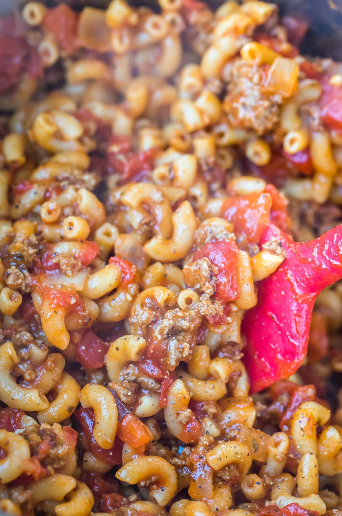 Closeup picture of Instant Pot goulash in the inner pot