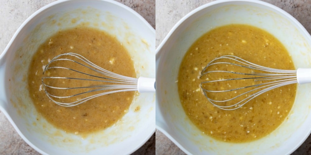 Wet ingredients for banana crumb muffins in a white mixing bowl