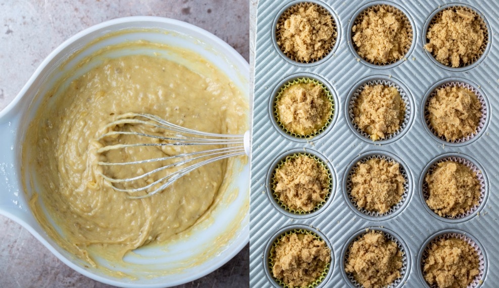 banana crumb muffin batter in a white mixing bowl