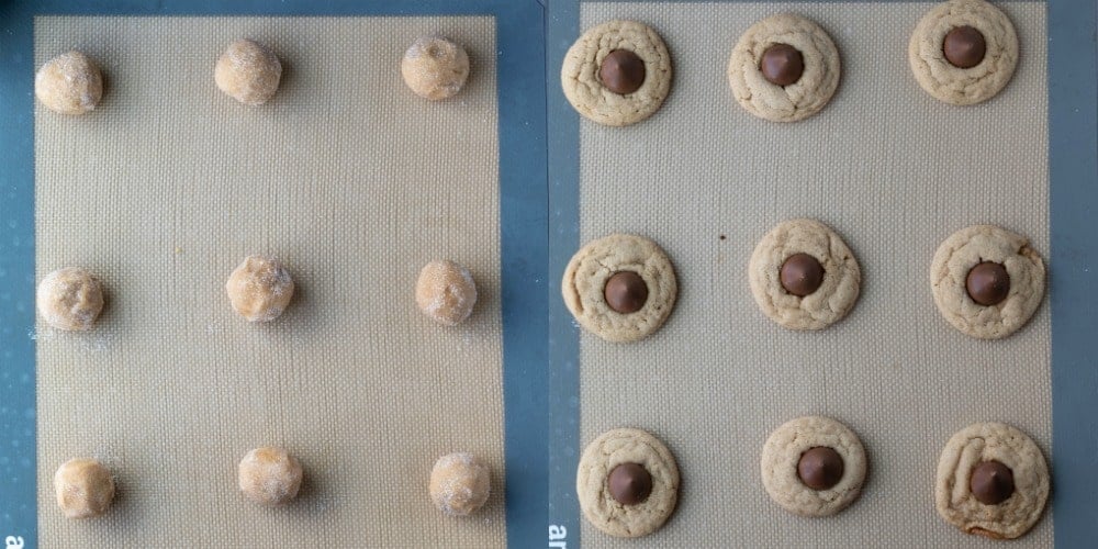 Baked peanut butter kiss cookies on a baking sheet.