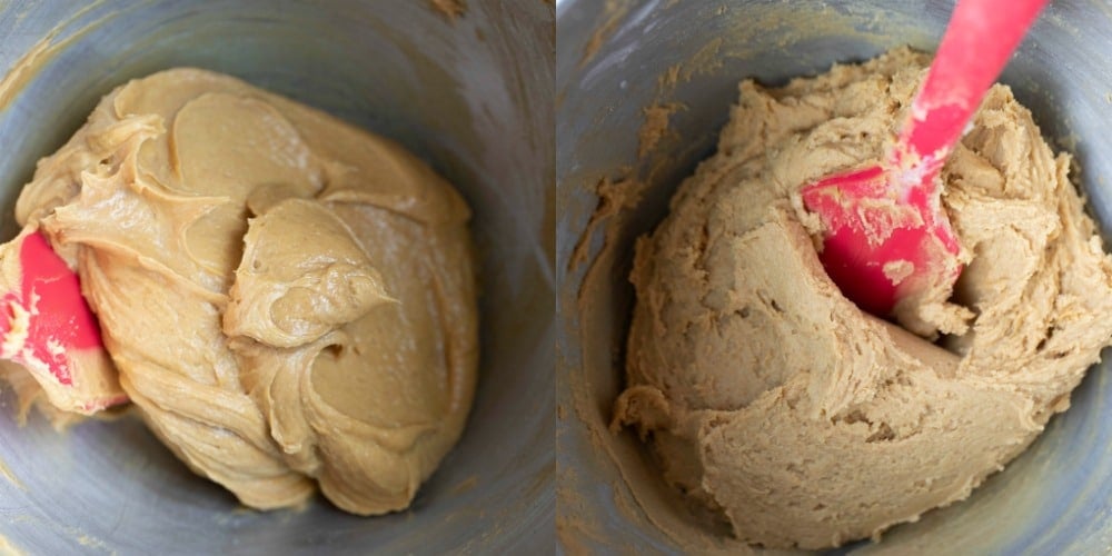 Mixed butter and peanut butter in a mixing bowl