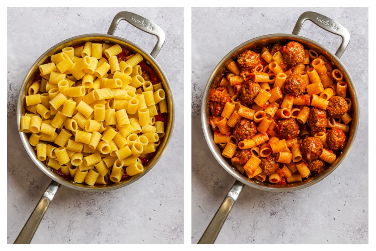 Cooked pasta on sauce and meatballs next to mixture combined in a skillet.