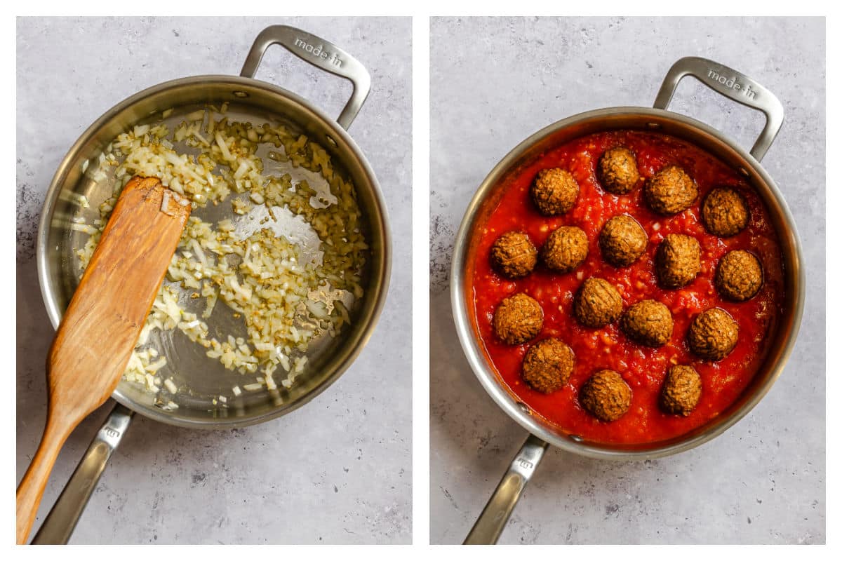 Garlic and onion sauteing in a skillet next to meatballs on sauce in the skillet.