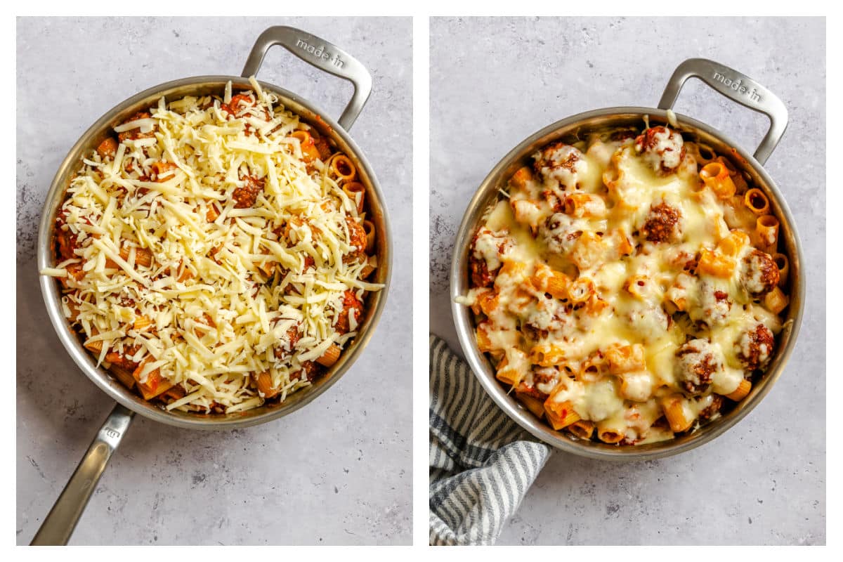 Shredded mozzarella cheese over meatball pasta next to melted cheese over meatball pasta.