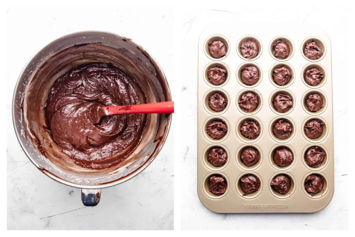 Brownie bite batter in a bowl next to the batter in a mini muffin tin.