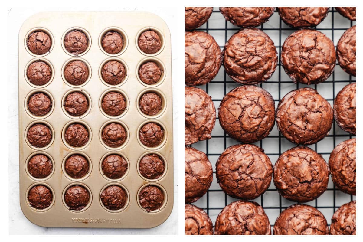 Baked brownie bites in a mini muffin tin next to the bites cooling on a wire rack.