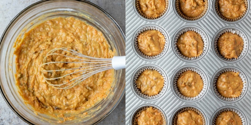 Carrot cake muffin batter in a glass mixing bowl