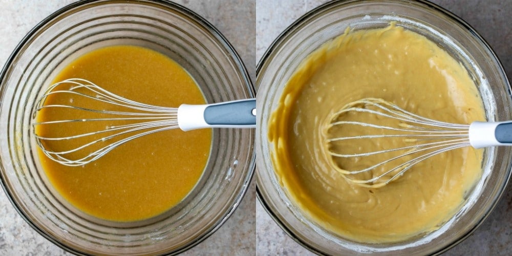 Mixed liquid ingredients in a glass mixing bowl