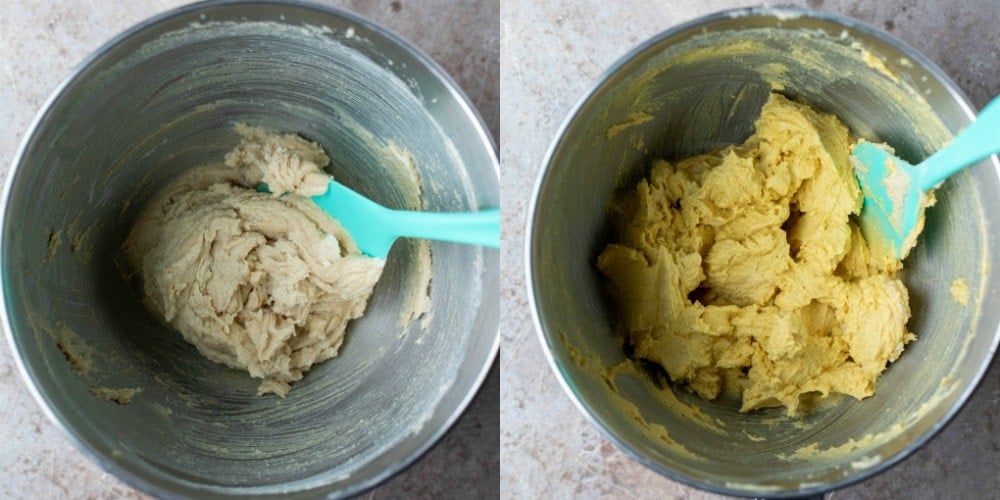 Creamed butter and sugar in a silver mixing bowl