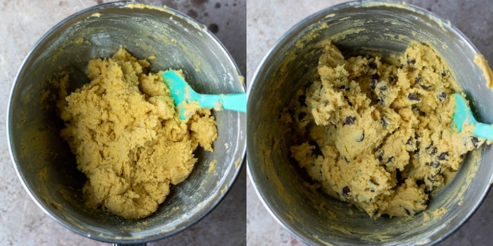 Chocolate chip cookie dough in a mixing bowl