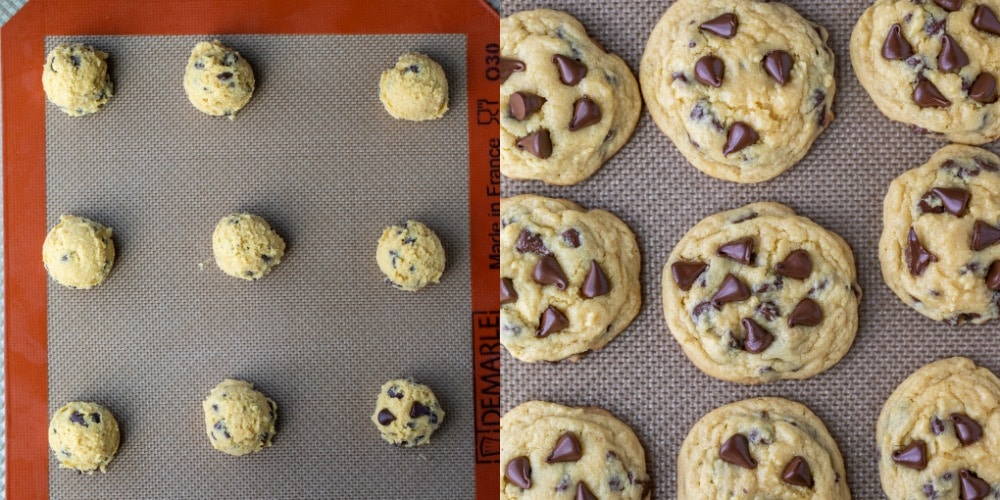 chocolate chip cookie dough on a silicone mat