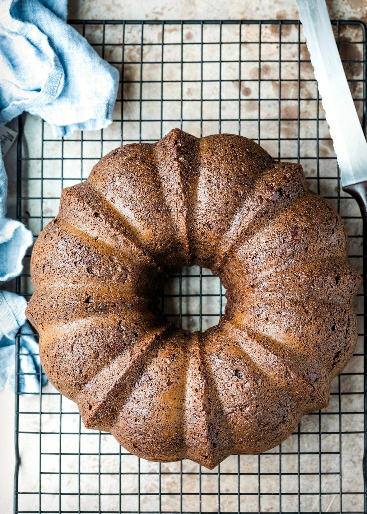 Darn chocolate cake on a wire cooling rack