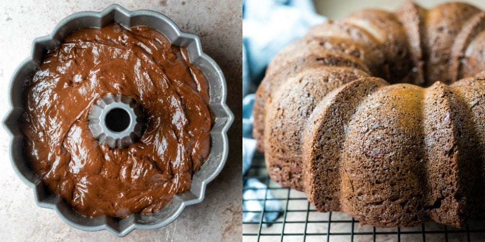 Chocolate cake batter in a bundt pan