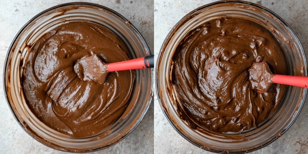 Chocolate cake batter in a glass mixing bowl