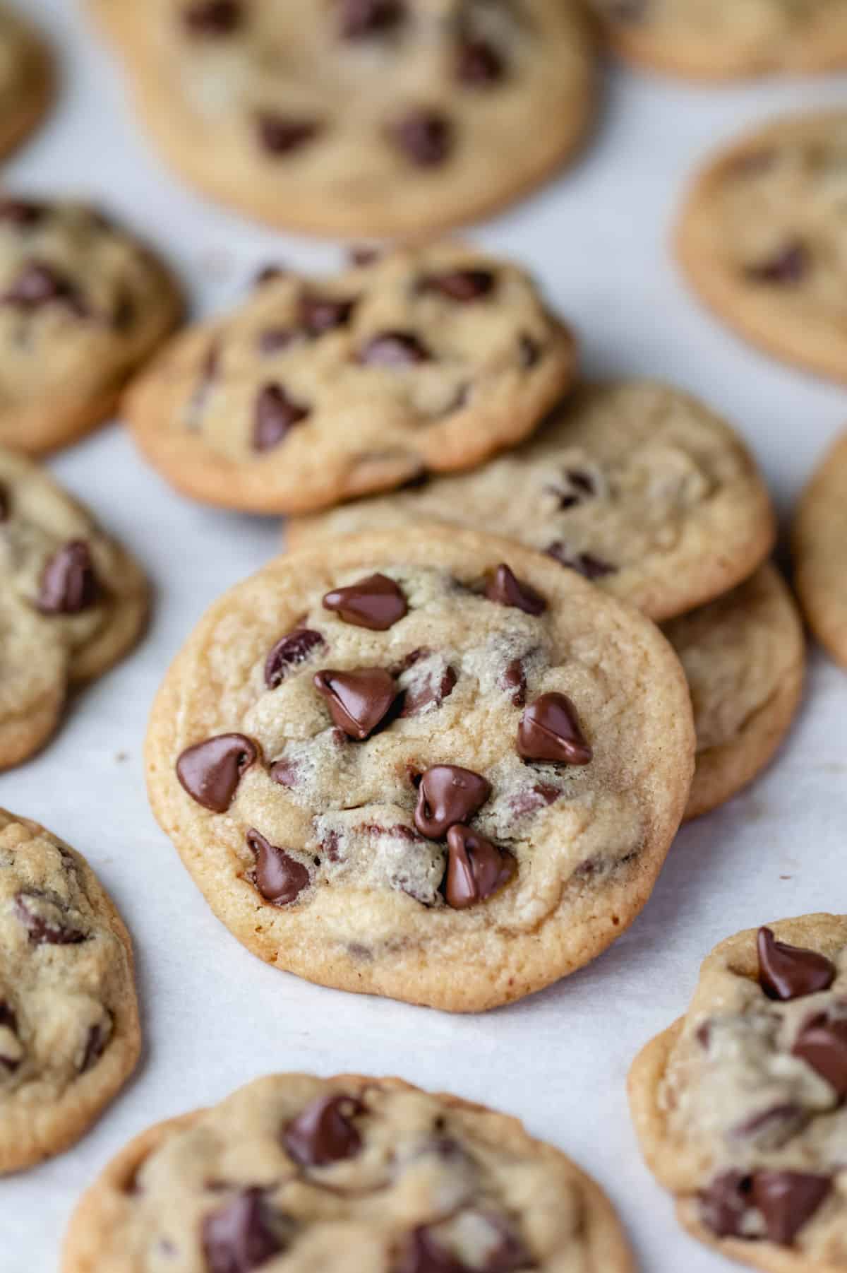 A chocolate chip pudding cookie leaning against a stack of cookies.